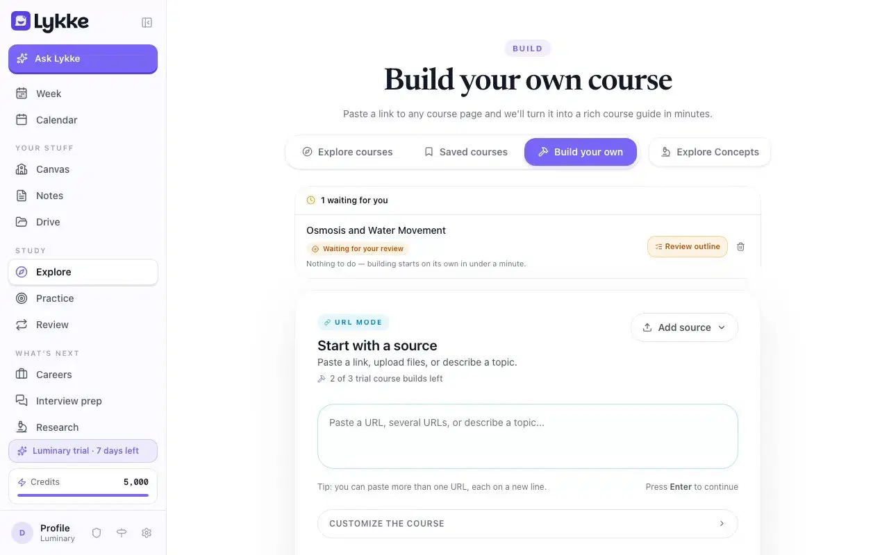 Explore's Build tab. The student pastes a link, Lykke drafts an outline of sections and opens it for review, and the student renames one section and removes another before the course builds.