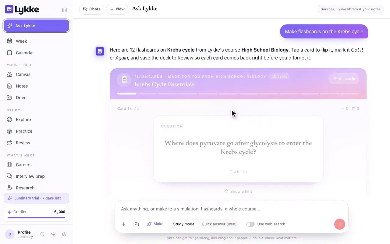 The student asks Lykke for flashcards on a topic. A deck appears in the chat; the student flips through three cards and saves the deck to Review, where it is scheduled.