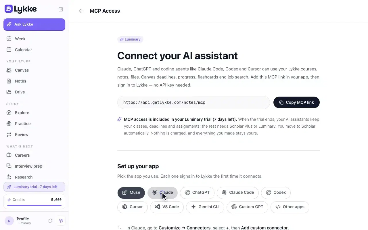 Settings, MCP Access: the student picks their AI app, copies the MCP link, and follows the steps shown for connecting it.