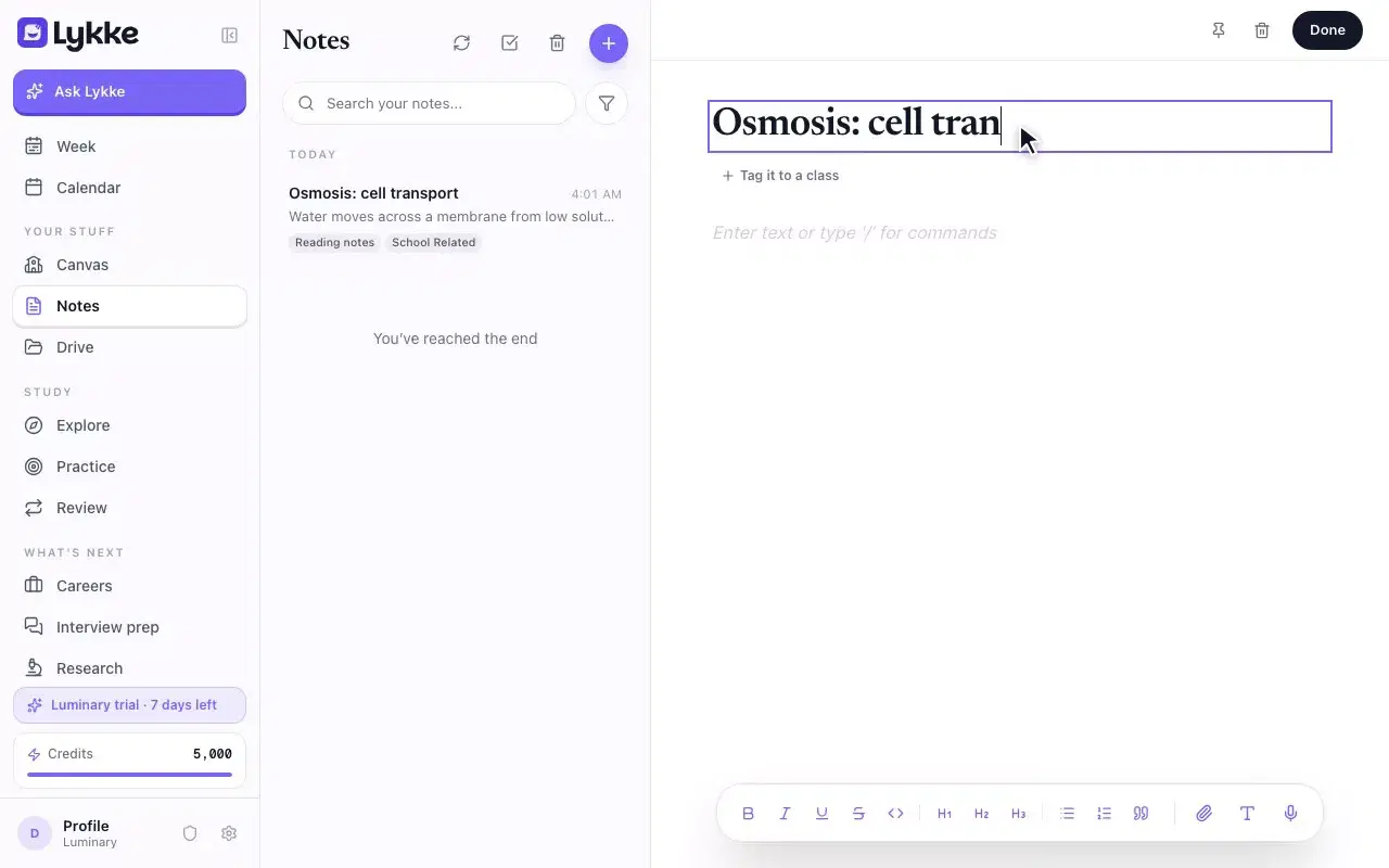 The Notes page: the student writes a short note, then opens Drive and uploads a PDF, which appears in a class folder.