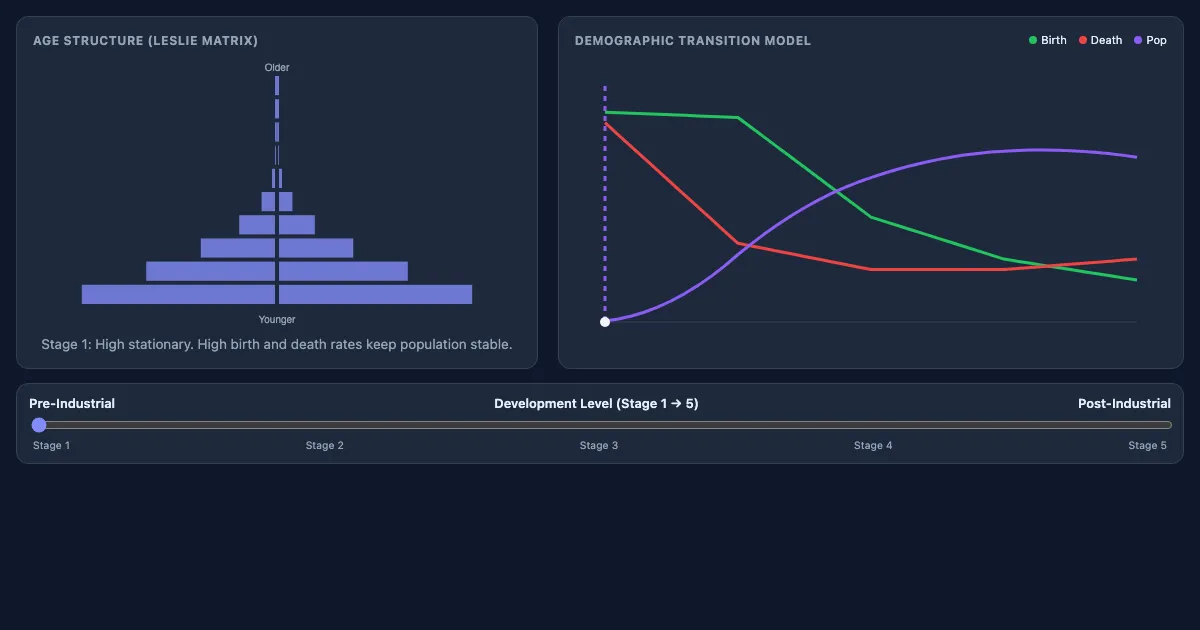 Preview of the Demographic Transition Simulator interactive demo