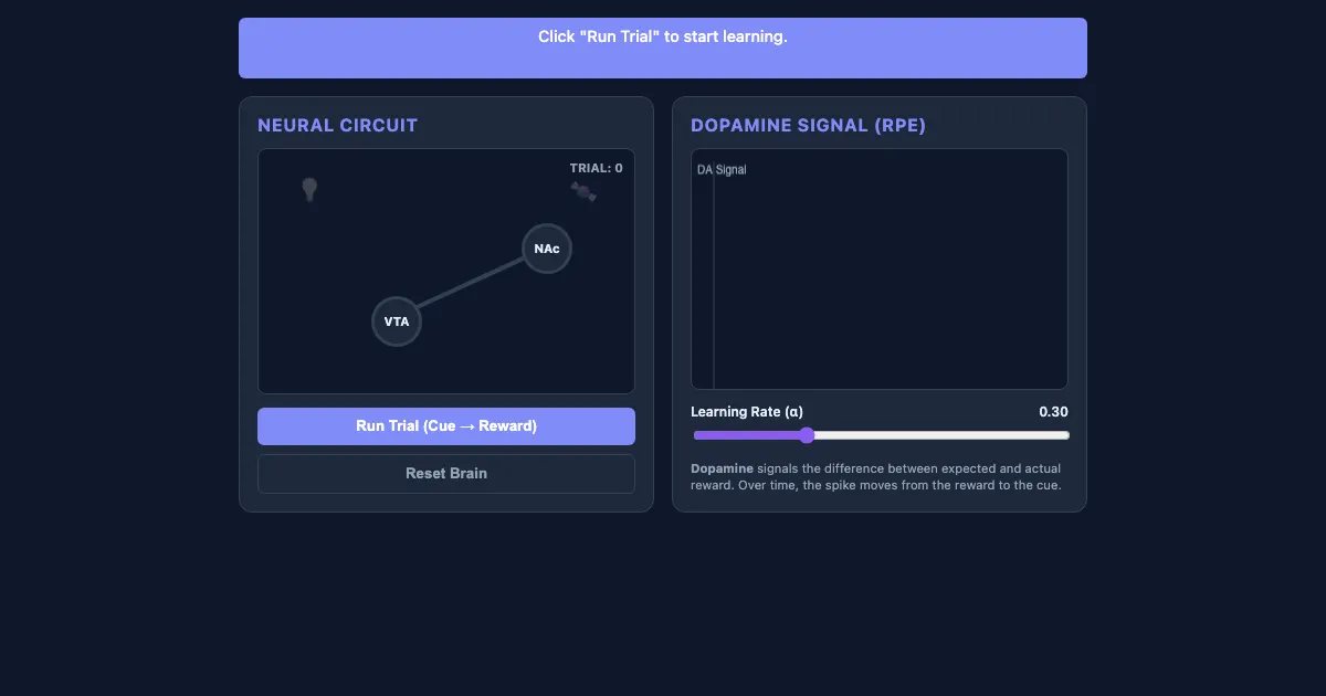 Preview of the Dopamine Reward Prediction Error Demo interactive demo
