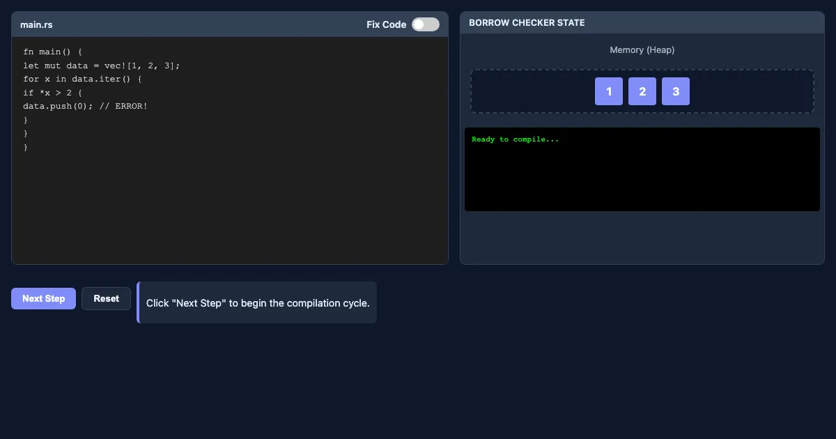 Preview of the Rust Borrow Checker Visualizer interactive demo